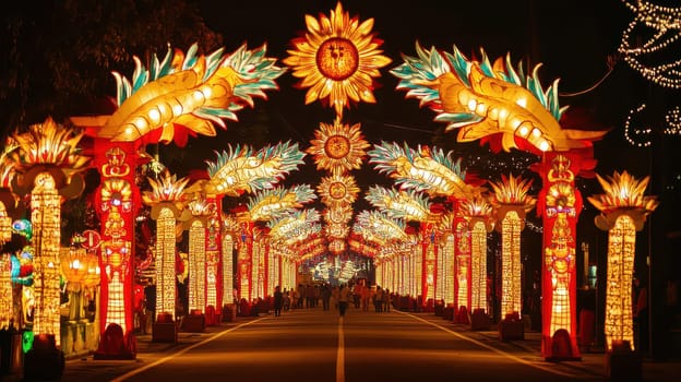 Festive lights and joyful crowds fill a busy street brightening the night during Christmas celebrations.