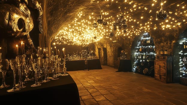 An underground room is beautifully decorated with twinkling lights and candles creating a festive atmosphere for a Christmas celebration