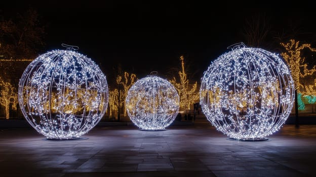 Brightly lit Christmas ornaments glow in a festive display surrounded by twinkling lights creating a joyful atmosphere during the holiday season.