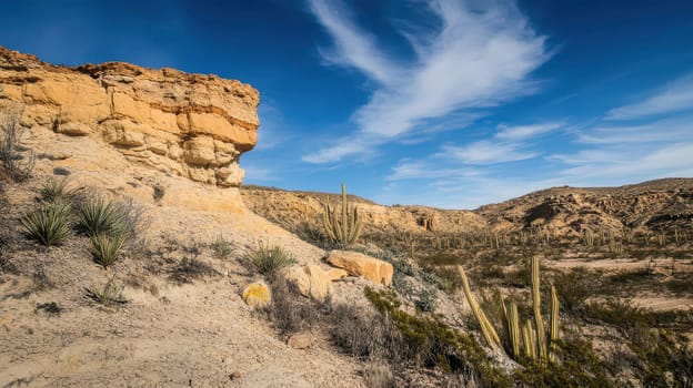 A beautiful desert terrain features rocky formations and cacti showcasing natures serenity during the sunny day perfect for exploration.
