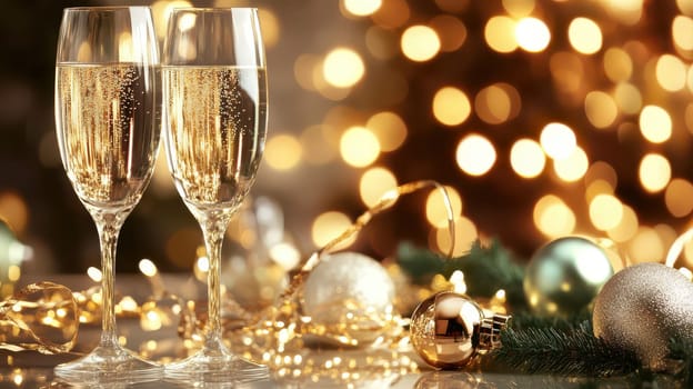 Two elegant glasses filled with sparkling beverage stand ready for a festive toast.