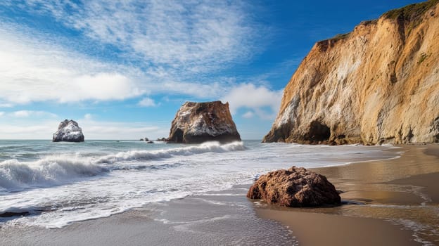 On Christmas morning waves gently roll onto a sandy beach under a clear blue sky with cliffs in the background and unique rock formations.