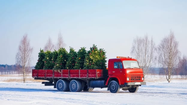 A red truck transports freshly cut Christmas trees through a snowy field. Winter trees surround the scene creating a festive atmosphere.