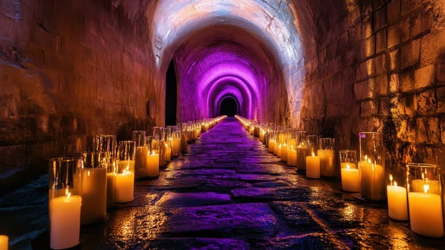 A beautifully lit tunnel features rows of glowing candles and colorful lights creating a warm holiday atmosphere during Christmas.