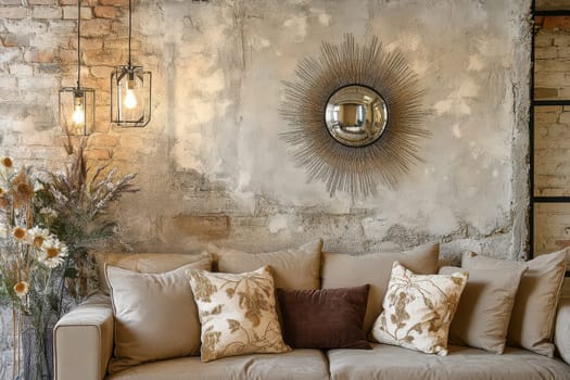 Soft lighting illuminates a stylish living room adorned with cozy pillows and festive touches creating a warm holiday atmosphere.