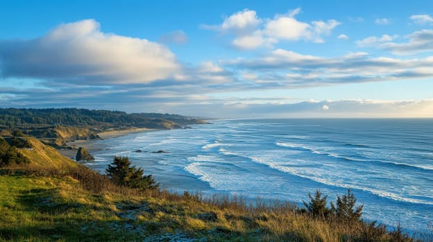 Coastal scenery features rolling waves crashing on the shore during a crisp winter day with clouds and sunlight illuminating the landscape.