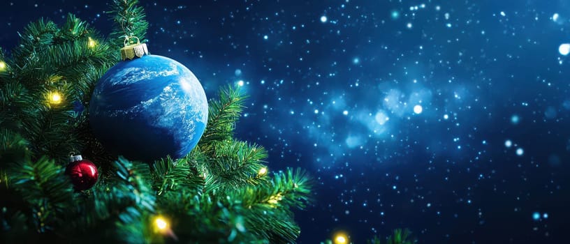 A decorated Christmas tree features a blue globe ornament among sparkling lights and snowflakes. The scene captures festive holiday spirit.