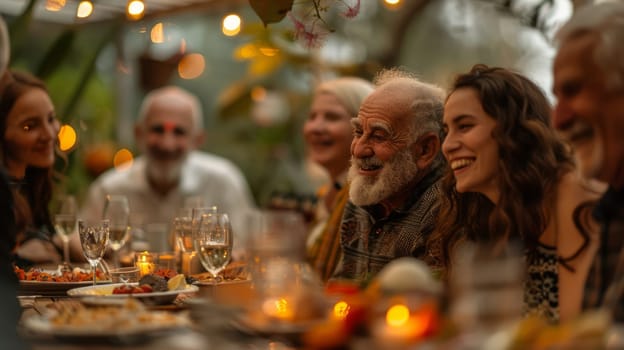 A multi-generational family enjoys a warm, joyful gathering at a candlelit outdoor dinner, filled with laughter and connection.