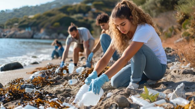 A group of young volunteers collects litter along a beach, working together to protect the environment and maintain natural beauty.