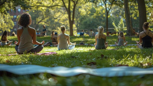 A group of people practice yoga in a serene park, surrounded by lush greenery under natural sunlight, creating a peaceful and mindful atmosphere.