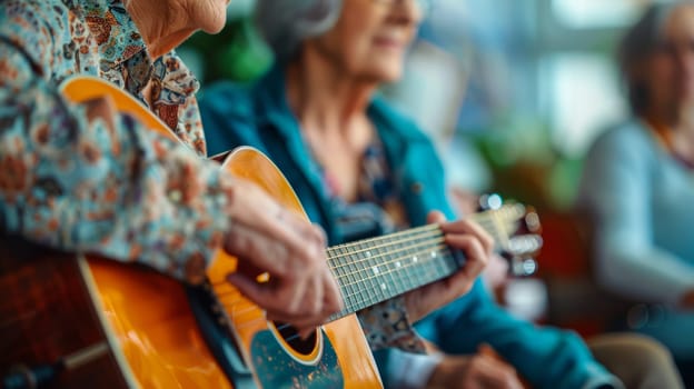 A group of elderly individuals play acoustic guitars, sharing a moment of joy and music in a cozy indoor setting, fostering companionship and creative expression. music therapy concepts, and social programs.