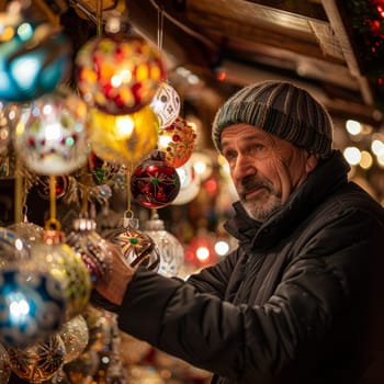 An elderly man in a knit cap examines handcrafted ornaments at a holiday market. Warm lights and colorful decorations create a festive ambiance.