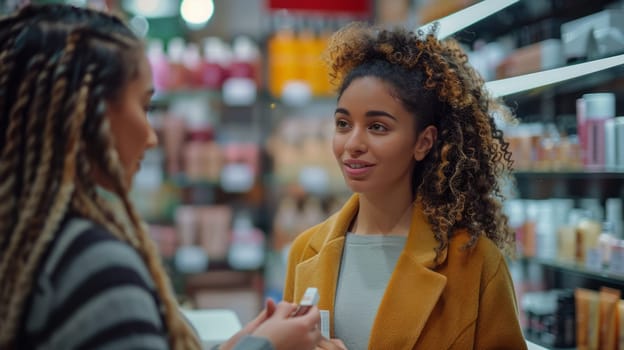 Two women engaging in a friendly conversation in a beauty product aisle. Shelves filled with colorful items create a vibrant shopping atmosphere.