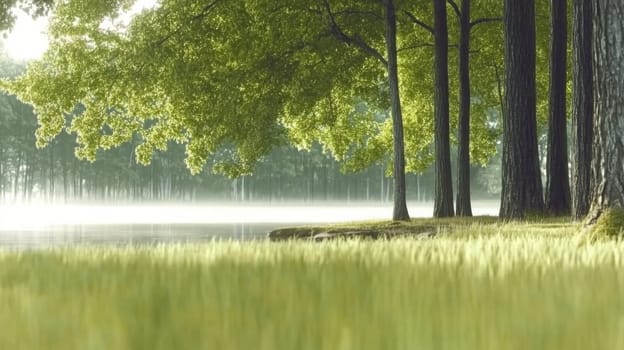 A paradisiacal, idyllic lakeshore with sunlight falling through mossy trees onto the soft grass. cinematic, morning fog