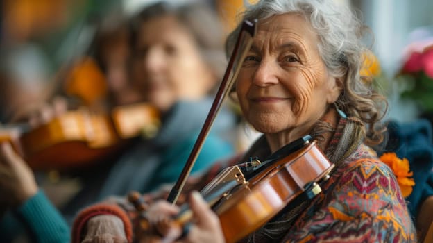 An older woman smiles warmly while playing her violin surrounded by others, symbolizing the joy of music and lifelong creativity in a supportive community.