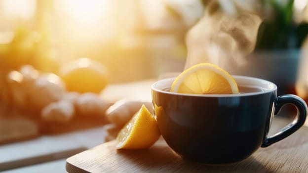 Close-up of a cup of herbal tea with lemon and ginger slices. The steam rises smoothly, embodying the soothing and protective effects of home remedies against colds.