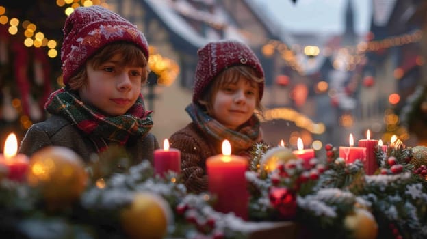 Two young boys enjoy a Christmas market, surrounded by candles and holiday decorations. The atmosphere is cozy and festive.