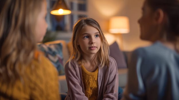 Three young children engage in a thoughtful conversation in a cozy, warmly-lit living room, illustrating childhood friendships and family warmth.