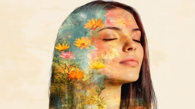 An illustration of the mind depicted as a garden where flowers grow and bloom, symbolizing healing and positive mental health. The concept of mental health