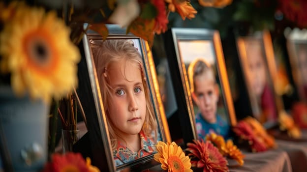 A series of framed portraits of young children displayed with autumn flowers, evoking a touching tribute or remembrance in a formal setting.