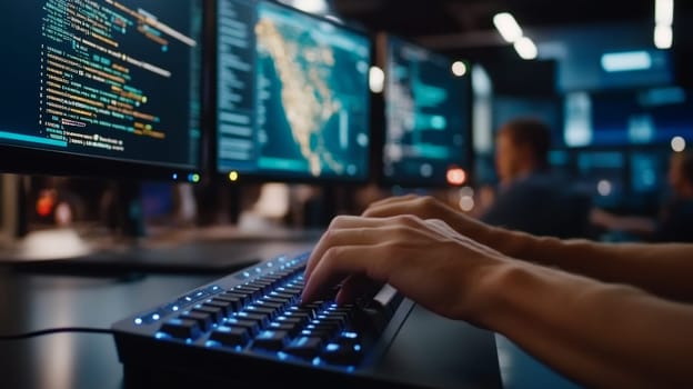 Close-up of hands typing on a keyboard, the keys of which glow neon blue. In the background, numbers are displayed on multiple monitors