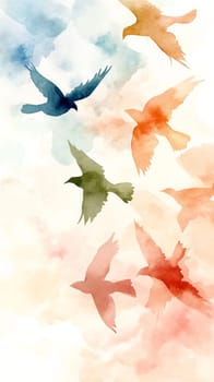 Wide watercolor scene with birds in free flight. a dreamy, airy atmosphere.