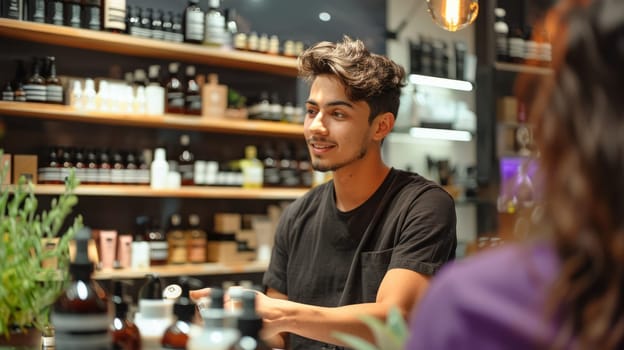 A young sales assistant in a modern store talking to a customer while displaying various products.