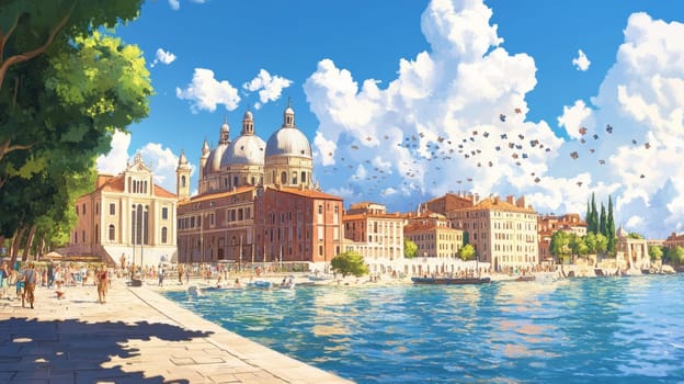 Soaring pieces of a puzzle in the sky, connecting to the larger picture of the world below, with the city, the park, the ocean and the people. Each piece of the puzzle fits into the grandiose mosaic of life