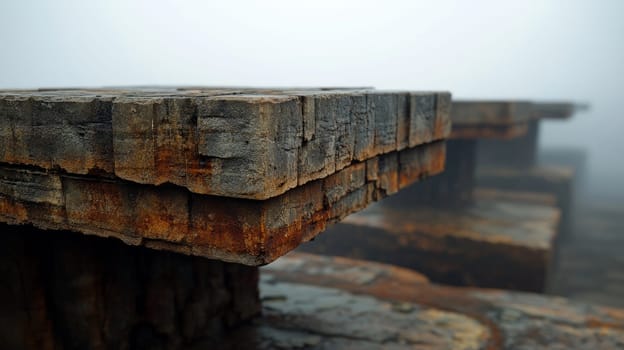 Large textured stone and wooden old houses on the embankment are in the fog.