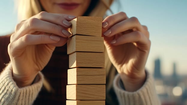 Close-up of hands neatly stacking small, fragile cubes into a large structure. risk of failure in the process of building life.