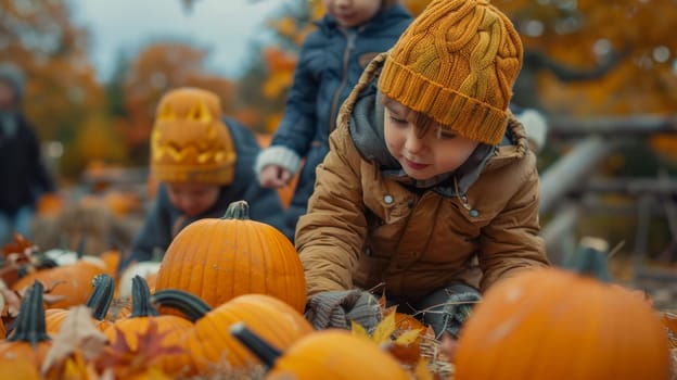 Families choose pumpkins at the local pumpkin fair, where rows of pumpkins and fall leaves create a festive atmosphere.