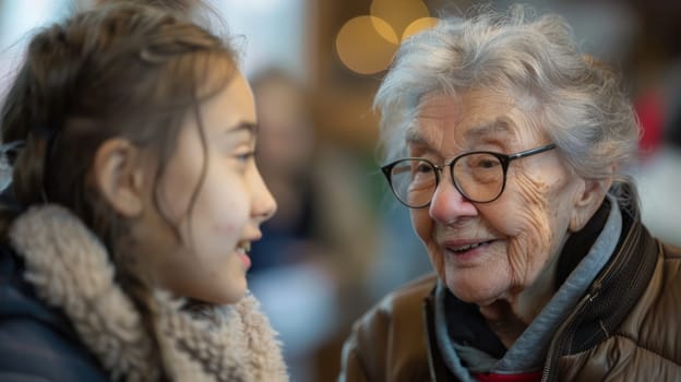 A touching moment of conversation between a young girl and an elderly woman, symbolizing the bond between generations.