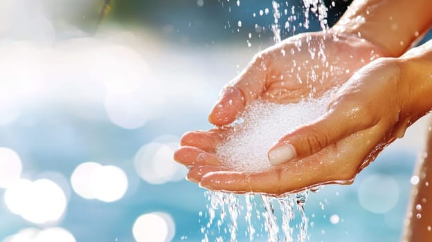 Close-up of hands with foam and water pouring on them. Hands are clean and protected, symbolizing hygiene as a key part of preventing colds.