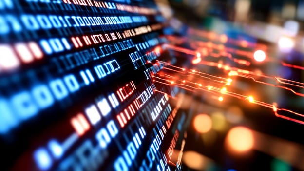 A luminous, pulsating stream of data penetrated by red jagged lines, symbolizing a cyberattack.