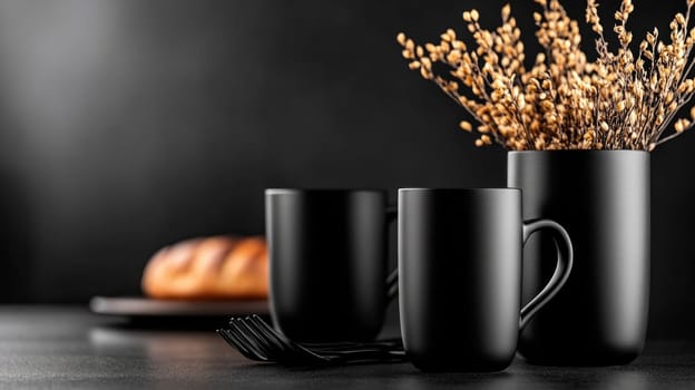 kitchen table with minimalist, matte black items such as cups, vases and utensils. Monochrome