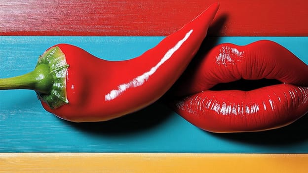 An image of red chili peppers next to the lips on a bright background that highlights their color and shape, showing a playful and bold interpretation of beauty.
