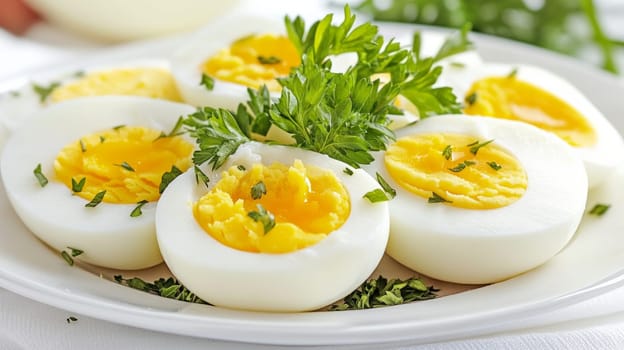The egg halves lie in a circle on a plate, in the center is a stalk of fresh parsley