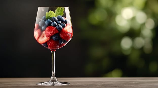 a wine glass filled with mixed berries, with strawberries at the bottom and blueberries at the top. soft lighting and dark background.