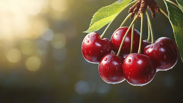 a few juicy cherries hanging from a branch, against the background of the dark space of the garden.