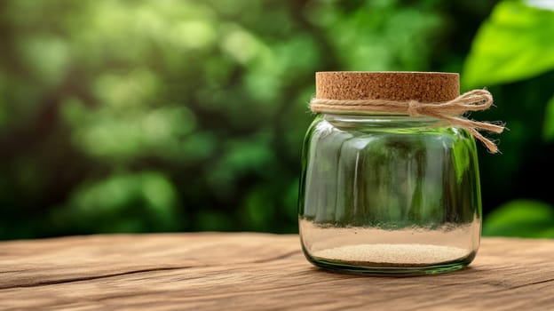 A glass jar with a cork lid wrapped in natural jute rope. The jar stands on a wooden surface against a background of green plants