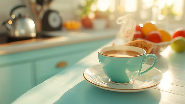 A cup of coffee on a light blue kitchen table with fresh fruit and soft morning light casting shadows.