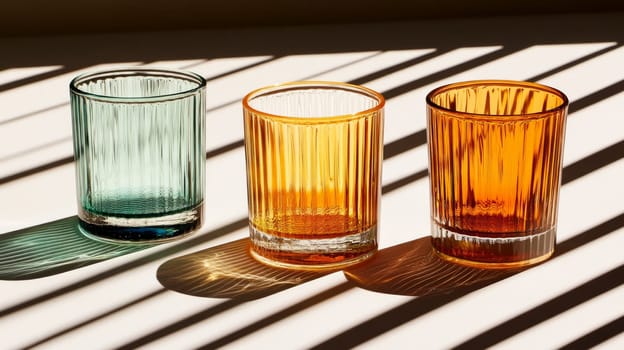 Three glass cups of different colours casting colourful reflections on the surface, demonstrating the play of light and colour.