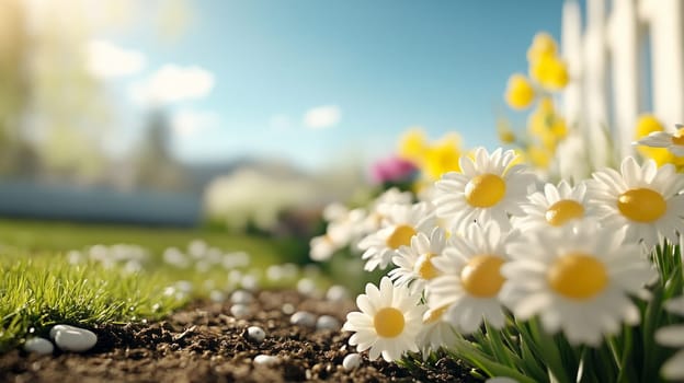 A sunlit backyard with blooming white daisies and green grass, featuring a blurred fence and soft blue sky in the background.