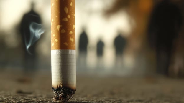 A falling cigarette against a background of departing shadow figures, each representing a different age concept of a life lost due to smoking.