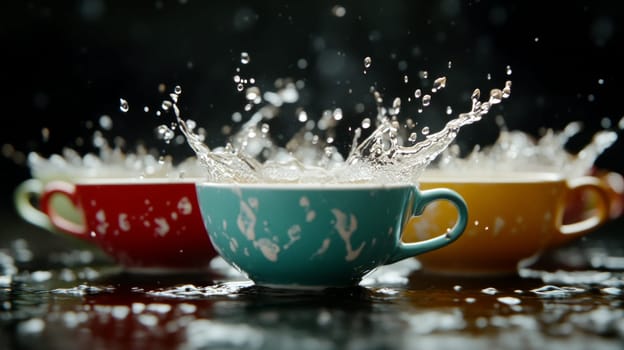 surreal scene with several cups of tea, where splashes of liquid create a bizarre effect, against a dark background