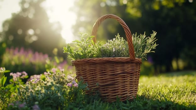Wicker basket filled with freshly harvested medicinal herbs such as thyme, sage and rosemary. The basket stands on the grass, surrounded by wild plants and herbs that grow in nature.