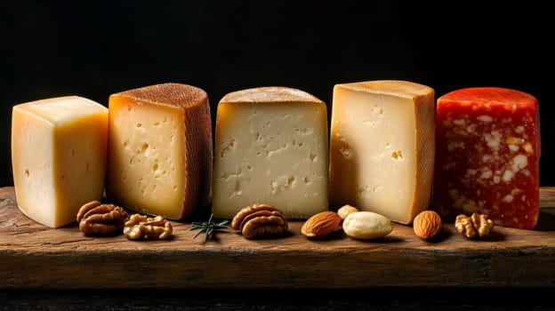 slices of different varieties of hard, soft and brown cheese, laid out on a wooden board on a dark background. a few walnuts and almonds