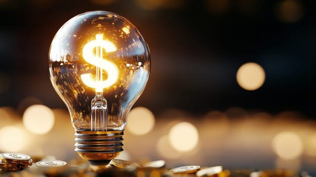 A glowing bulb with an incandescent filament with a dollar sign inside, symbolizing the rising cost of electricity. The light bulb is surrounded by gold coins