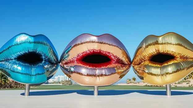 Lip-shaped balloons that appear to be made of metal with a reflective surface, arranged in the plaza against a backdrop of buildings in the distance