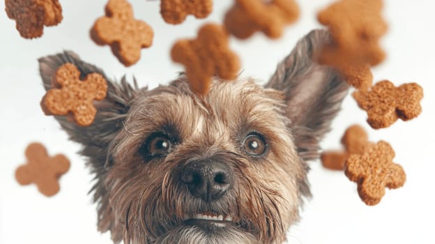 Puppy looking at falling dog food on white background